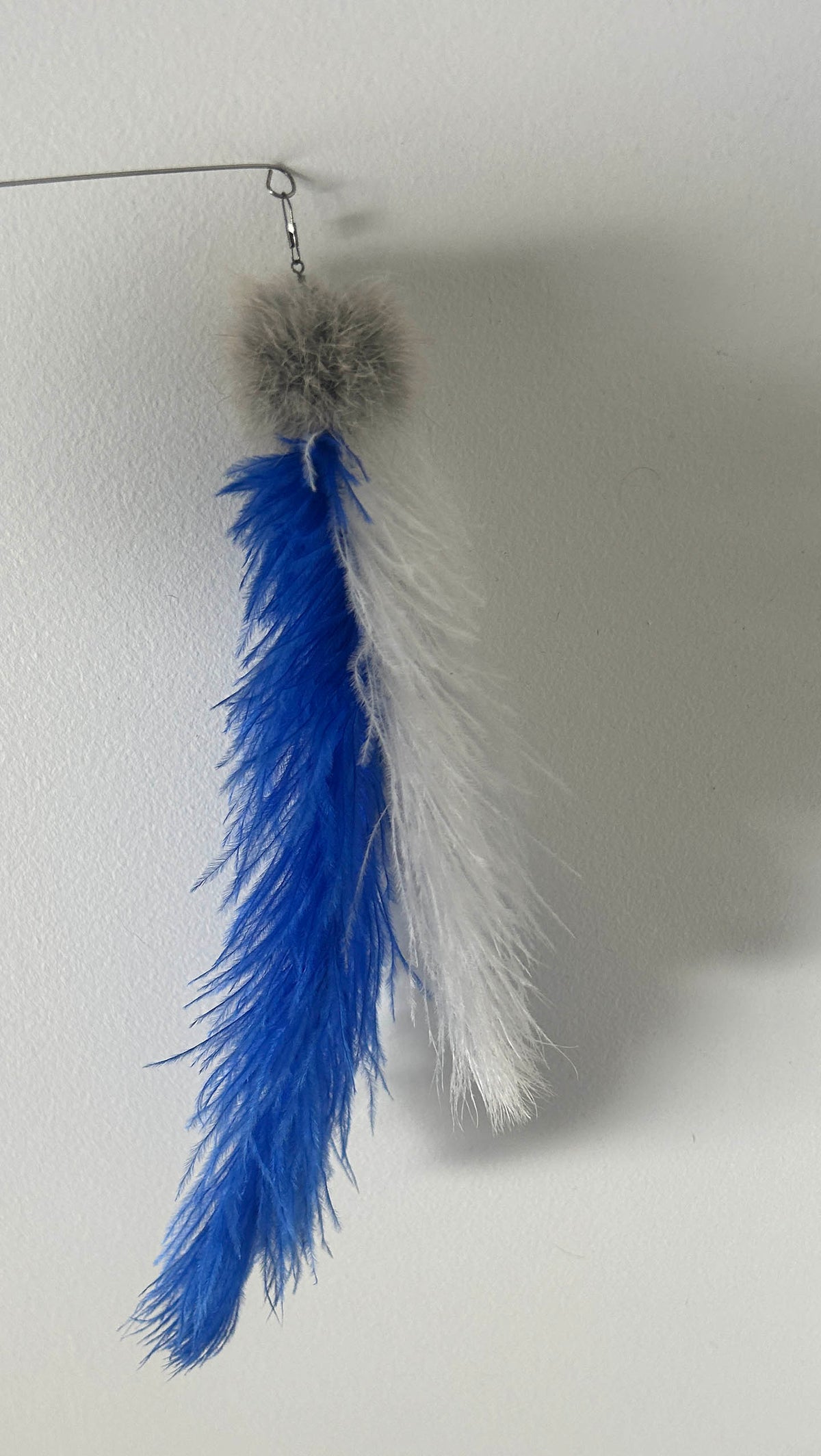 A hanging feather toy with two feathers, one bright blue and one white, attached to a gray fuzzy pom-pom top, suspended from a thin wire against a plain light wall.