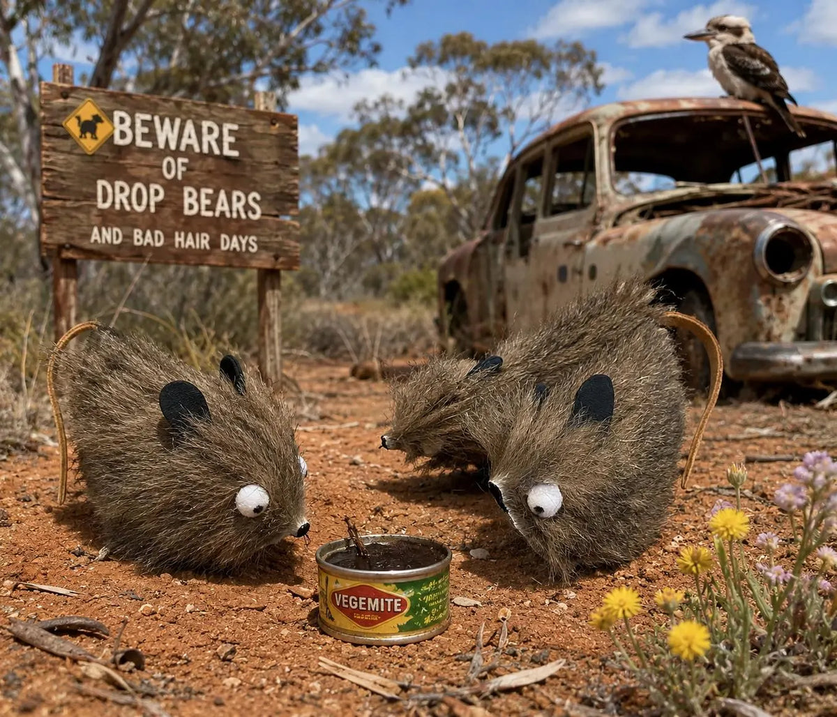Two realistic brown fur toy weasels with white eyes and black ears are posed on reddish ground in an outdoor desert-like scene. One toy is near a small Vegemite tin, and a wooden sign behind it reads 'BEWARE OF DROP BEARS AND BAD HAIR DAYS.