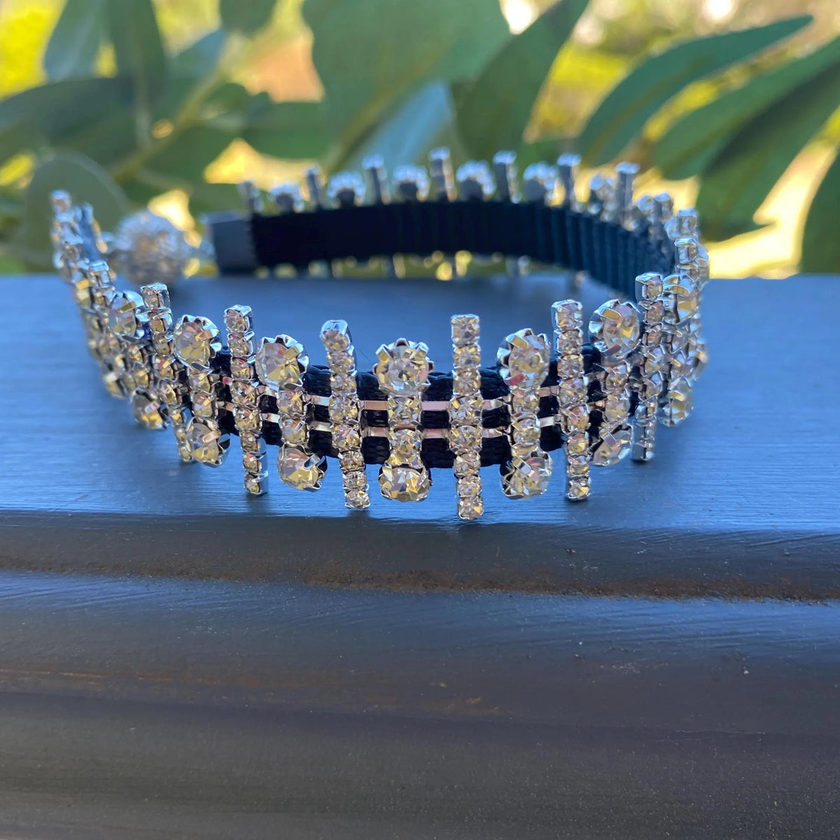 A silver-toned collar embellished with clear rhinestones and set against a black elastic band, resting on a dark wooden surface with green foliage in the background.