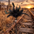 A black feathered decorative object on a stand placed on railroad tracks in an outdoor rural setting at sunset, with dry grass, wooden ties, overhead wires, and birds in the sky.