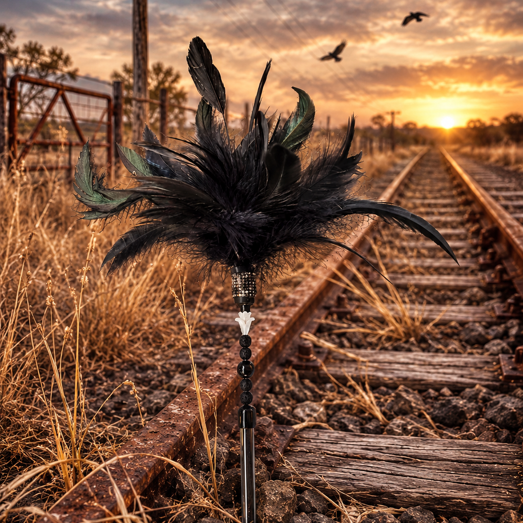 A black feathered decorative object on a stand placed on railroad tracks in an outdoor rural setting at sunset, with dry grass, wooden ties, overhead wires, and birds in the sky.