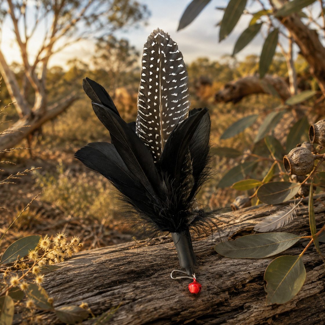 A black feathered object with a white speckled upright feather and a small red bead at the tip, resting on a weathered log outdoors among eucalyptus leaves and branches.