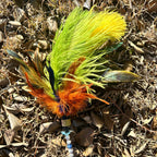 colourful feather cat teaser with yellow and green ostrich feathers and other colourful feathers
