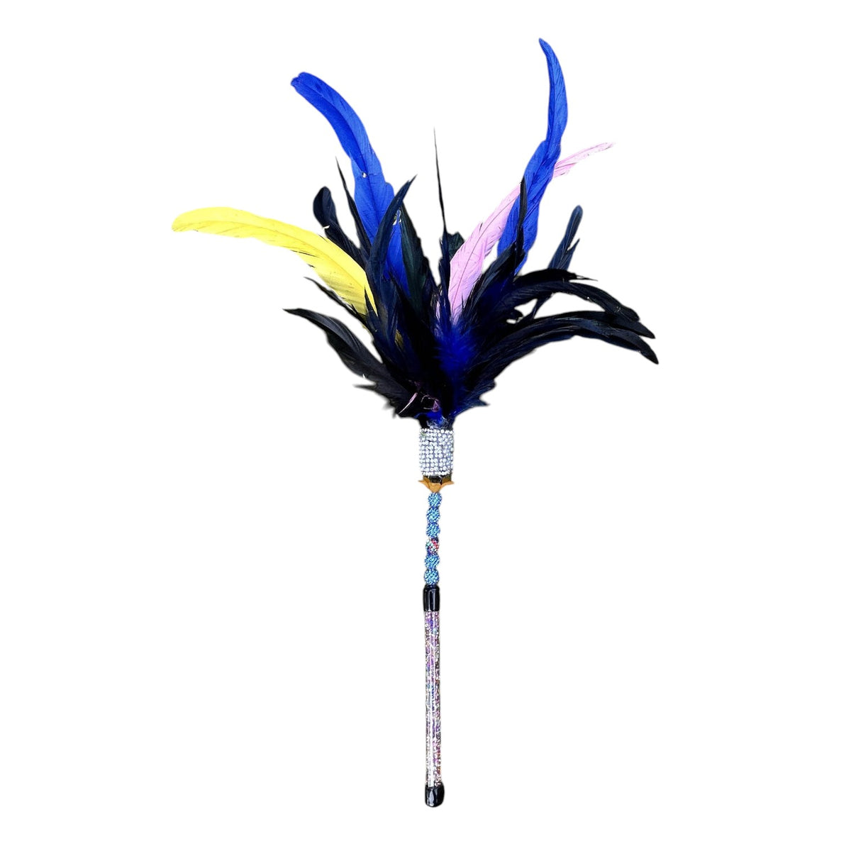 Pritti Kitti Boutique Cassowary Caper cat teaser toy with black, blue, yellow, and pink feathers on a beaded handle.