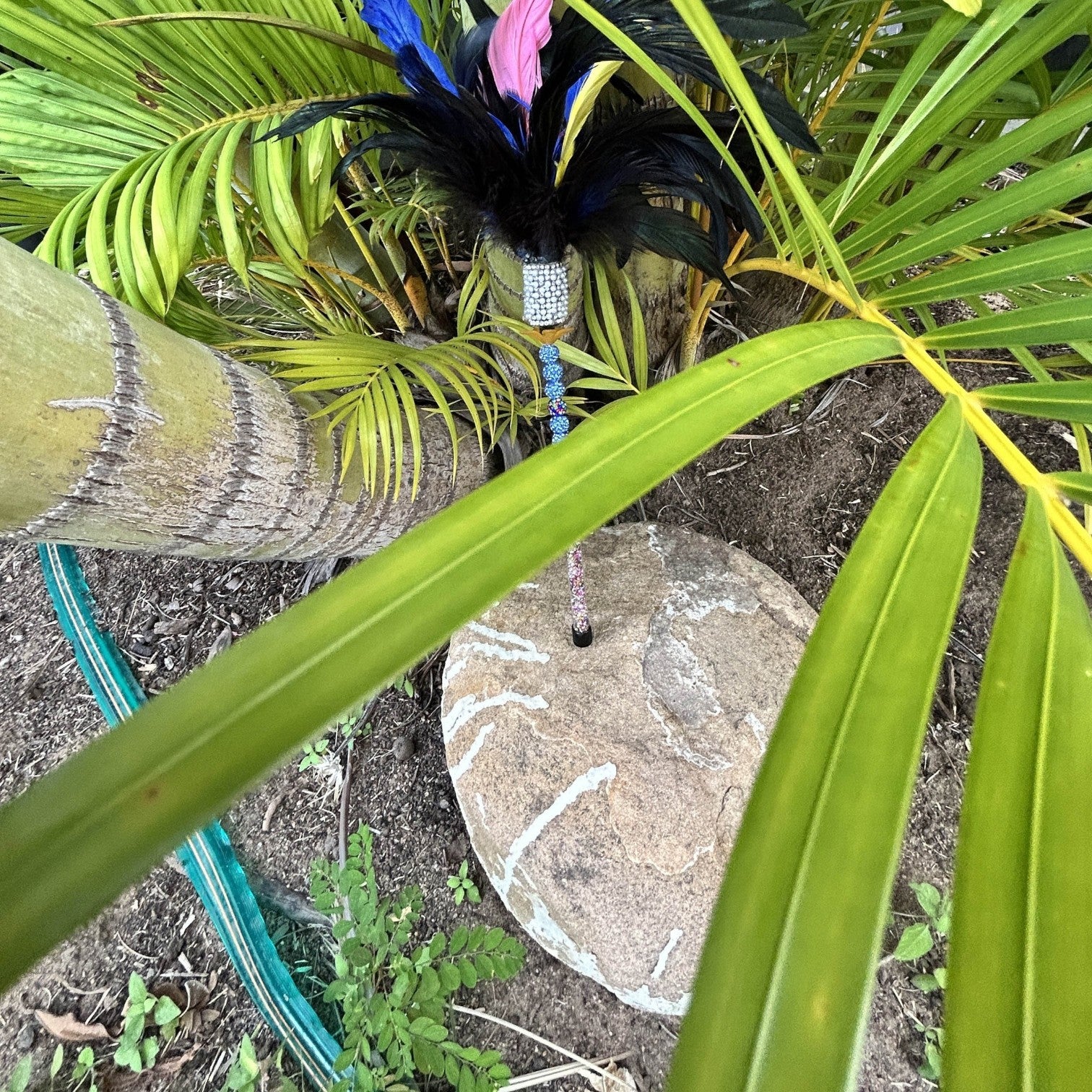 Pritti Kitti Boutique Cassowary Caper cat teaser toy with black, blue, and pink feathers on a beaded wand