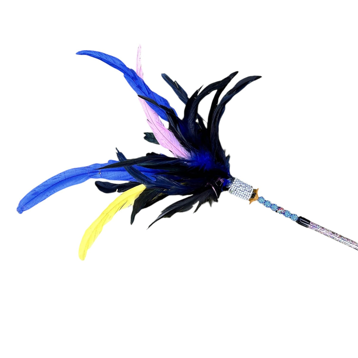 Pritti Kitti Boutique Cassowary Caper cat teaser toy with black, blue, yellow, and pink feathers on a wand