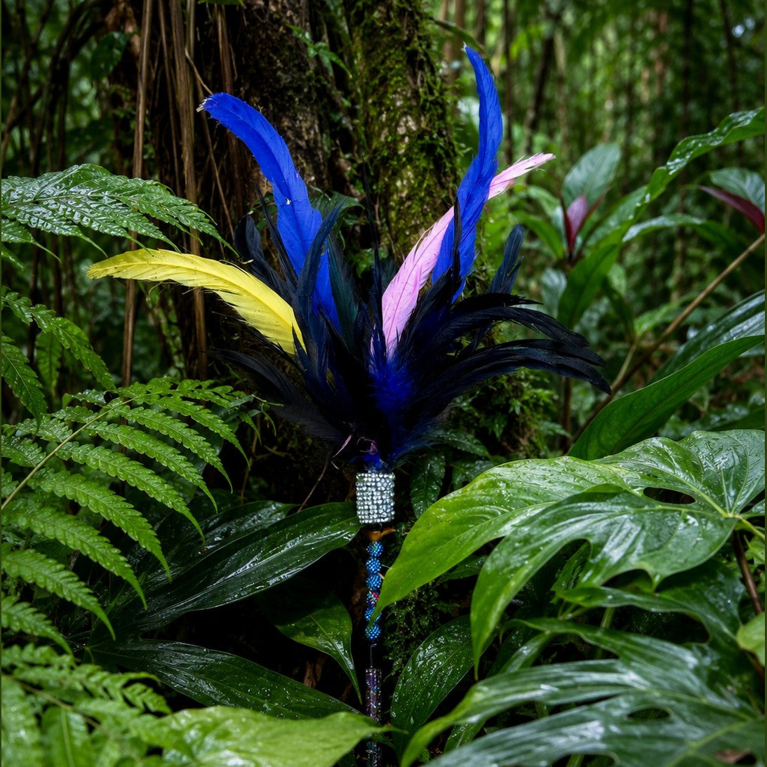 Pritti Kitti Boutique Cassowary Caper cat teaser toy with black, blue, yellow, and pink feathers in a rainforest.