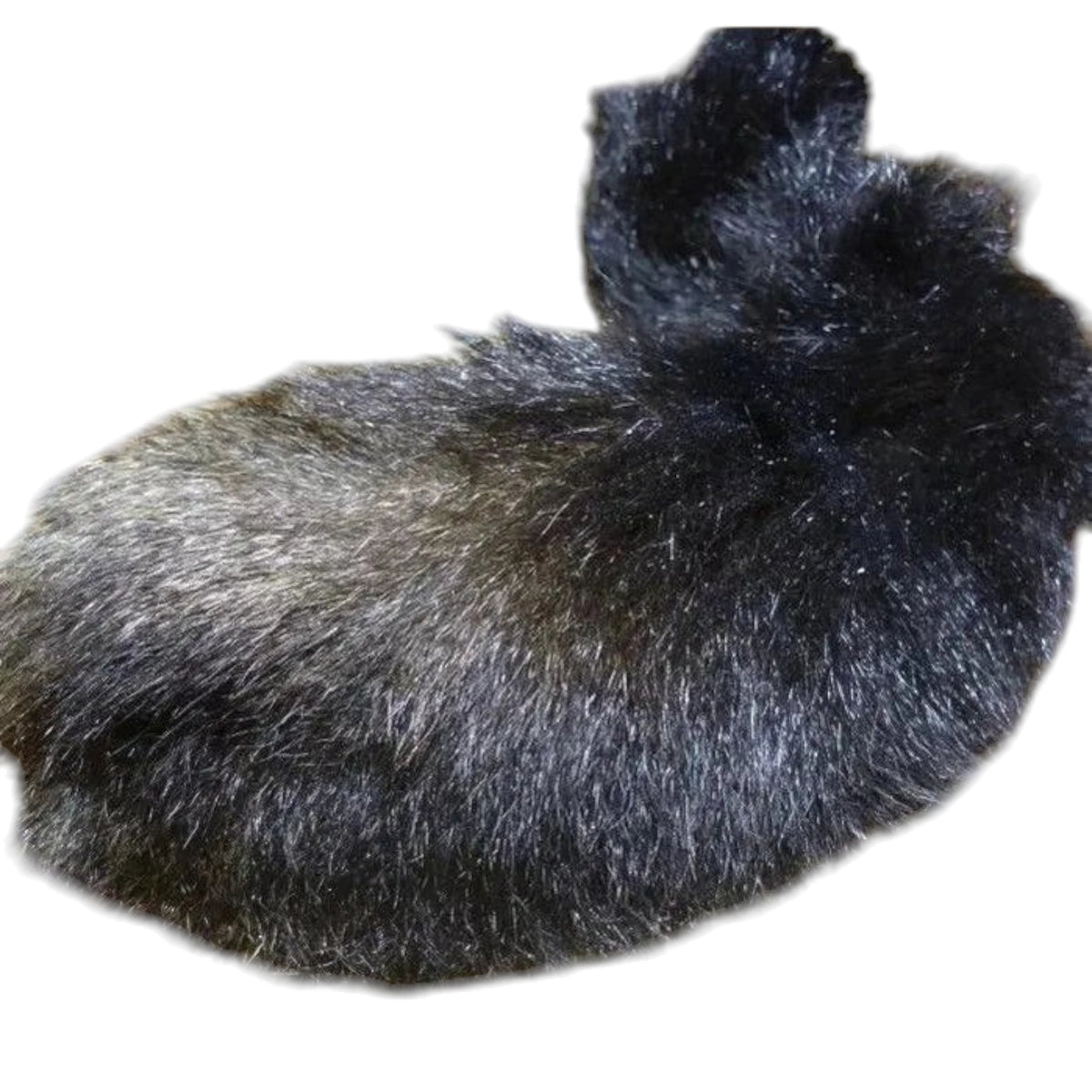 A black fur toy with a shaggy texture, isolated on a white background.